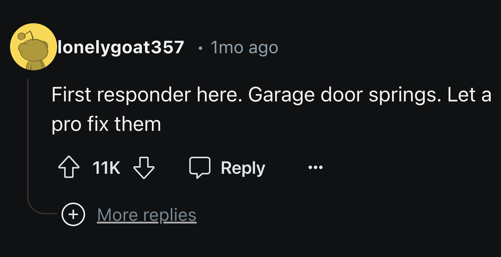 screenshot - lonelygoat357 1mo ago First responder here. Garage door springs. Let a pro fix them 11K More replies